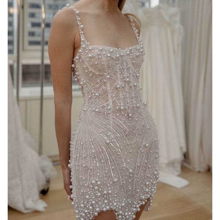 Niulatu White Square Neck Sheath Beaded Short Wedding Dress Birthday Evening Gowns HZ1031