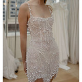 Niulatu White Square Neck Sheath Beaded Short Wedding Dress Birthday Evening Gowns HZ1031