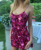 Niulatu Deep Fuchsia Spaghetti Strap Sheath Sequin Short Party Dressees HZ1031