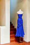 Niulatu Klein Blue Strapless Mermaid Chiffon Long Prom Dresses Unique Birthday Evening Gowns HZ1031
