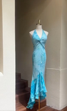 Niulatu Blue V Neck Mermaid Chiffon Beaded Prom Dresses Elegant Wedding Guest Dress HZ1031
