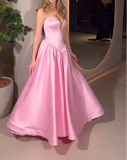 Niulatu Pink Strapless A-Line Satin Long Prom Dresses Formal Evening Gowns HZ1031