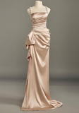 Niulatu Champagne Square Neck Sheath Satin Long Prom Dresses Formal Evening Gowns HZ1031