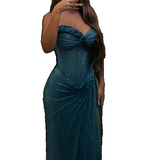 Niulatu Turquoise Strapless Sheath Glitter Two-Piece Prom Dresses Formal Evening Gowns with Slits HZ1031