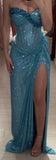 Niulatu Turquoise Strapless Sheath Glitter Two-Piece Prom Dresses Formal Evening Gowns with Slits HZ1031