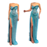 Niulatu Turquoise Strapless Sheath Glitter Two-Piece Prom Dresses Formal Evening Gowns with Slits HZ1031
