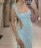 Niulatu Light Blue Square Neck Sheath Beading Long Prom Dresses Fashion Formal Evening Gowns with Slits HZ1031