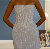Niulatu White Strapless Bodycon Beaded Short Evening Dress Birthday Party Dress HZ1031