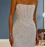 Niulatu White Strapless Bodycon Beaded Short Evening Dress Birthday Party Dress HZ1031