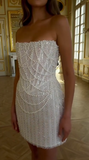 Niulatu White Strapless Bodycon Beaded Short Evening Dress Birthday Party Dress HZ1031