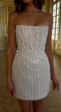 Niulatu White Strapless Bodycon Beaded Short Evening Dress Birthday Party Dress HZ1031