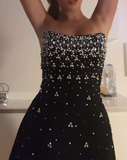 Niulatu Black Strapless Sheath Satin Beaded Short Party Dresses Fashionable Homecoming Dress HZ1031