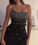 Niulatu Black Strapless Sheath Satin Beaded Short Party Dresses Fashionable Homecoming Dress HZ1031