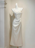 Niulatu White Spaghetti Straps Sheath Satin Long Prom Dresses Formal Evening Gowns HZ1031
