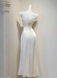 Niulatu White Spaghetti Straps Sheath Satin Long Prom Dresses Formal Evening Gowns HZ1031