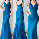 Niulatu Blue Halter Mermaid Satin Tulle Prom Dresses Vintage Evening Gowns with Appliques HZ1031