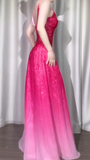 Niulatu Gradient Pink Spaghetti Straps A-Line Chiffon Beading Long Prom Dresses Elegant Birthday Evening Gowns HZ1031