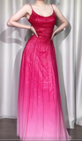 Niulatu Gradient Pink Spaghetti Straps A-Line Chiffon Beading Long Prom Dresses Elegant Birthday Evening Gowns HZ1031