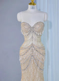 Niulatu Light Champagne Sweetheart Mermaid Tulle Beading Long Prom Dresses Formal Evening Gowns HZ1031