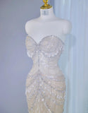 Niulatu Light Champagne Sweetheart Mermaid Tulle Beading Long Prom Dresses Formal Evening Gowns HZ1031