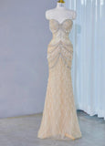 Niulatu Light Champagne Sweetheart Mermaid Tulle Beading Long Prom Dresses Formal Evening Gowns HZ1031