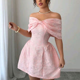 Niulatu Pink Off-the-shoulder A-Line Jacquard Satin Short Evening Gowns Party Dresses HZ1031