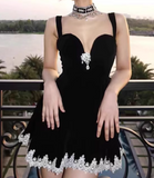 Niulatu Black Sweetheart Neck A-Line Satin Lace Short Evening Gowns Party Dresses HZ1031