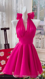 Niulatu Fuchsia Halter Neck A-Line Chiffon Short Party Dress Cocktail Outfit HZ1031