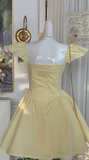 Niulatu Butter Yellow Square Neck A-Line Short Birthday Party Dress Sweet Homecoming Dress HZ1031