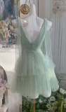 Niulatu Light Green V-neck A-Line Layed Tulle Short Prom Dresses Sweet 16 Evening Gowns HZ1031