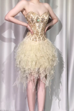 Niulatu Gold Strapless A-Line Beaded Tulle Short Prom Dresses Gorgeous Homecoming Dresses HZ1031