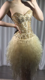Niulatu Gold Strapless A-Line Beaded Tulle Short Prom Dresses Gorgeous Homecoming Dresses HZ1031
