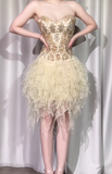 Niulatu Gold Strapless A-Line Beaded Tulle Short Prom Dresses Gorgeous Homecoming Dresses HZ1031