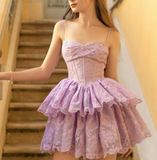 Niulatu Purple Spaghetti Straps A-Line Lace Applique Short Birthday Evening Dress Princess-like Homecoming Dress HZ1031
