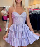 Niulatu Purple Sweetheart Neck A-Line Sequins Satin Short Prom Dresses Gorgeous Homecoming Dresses HZ1031