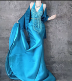 Niulatu Blue Mermaid V Neck Satin Long Prom Dresses Formal Evening Dress with Open Back HZ1031