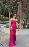 Niulatu Strong Pink Spaghetti Straps Sheath Satin Long Prom Dresses Formal Evening Dresses with Slits HZ1031
