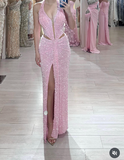 Niulatu Pink Halter Sheath Glitter Two-piece Prom Dresses Formal Elegant Evening Dresses with Slits HZ1031