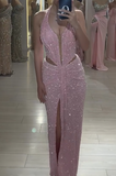 Niulatu Pink Halter Sheath Glitter Two-piece Prom Dresses Formal Elegant Evening Dresses with Slits HZ1031