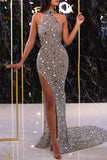 Niulatu Silver Bodycon Sequins Long Prom Dresses Formal Evening Gowns with Slits HZ1031