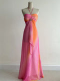 Niulatu Pink/Orange Halter Neck Sheath Chiffon Long Prom Dresses Vintage Evening Dress HZ1031