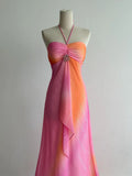 Niulatu Pink/Orange Halter Neck Sheath Chiffon Long Prom Dresses Vintage Evening Dress HZ1031
