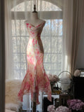 Niulatu Spaghetti Straps Printed Chiffon Mermaid Evening Gowns Backless Long Stunning Prom Dresses HZ1031