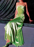 Niulatu Green Strapless Sheath Satin Long Prom Dresses Formal Elegant Evening Gowns HZ1031
