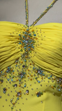 Niulatu Yellow Halter Neck Sheath Chiffon Beaded Hi-Lo Prom Dresses Elegant Wedding Guest Dresses HZ1031