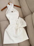 Niulatu White Halter A-Line Satin Short Party Dresses with Bow HZ1031
