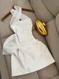 Niulatu White Halter A-Line Satin Short Party Dresses with Bow HZ1031