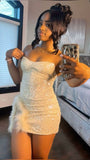 Niulatu White Strapless Bodycon Sequined Short Party Dresses Homecoming Dress with Slits HZ1031