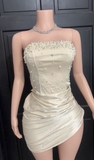 Niulatu Apricot Strapless Sheath Beaded Satin Short Party Dresses Elegant Homecoming Dresses HZ1031