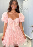 Niulatu Pink Sweetheart Neck A-Line Tulle Applique Short Prom Dresses Sweet Homecoming Dress HZ1031
